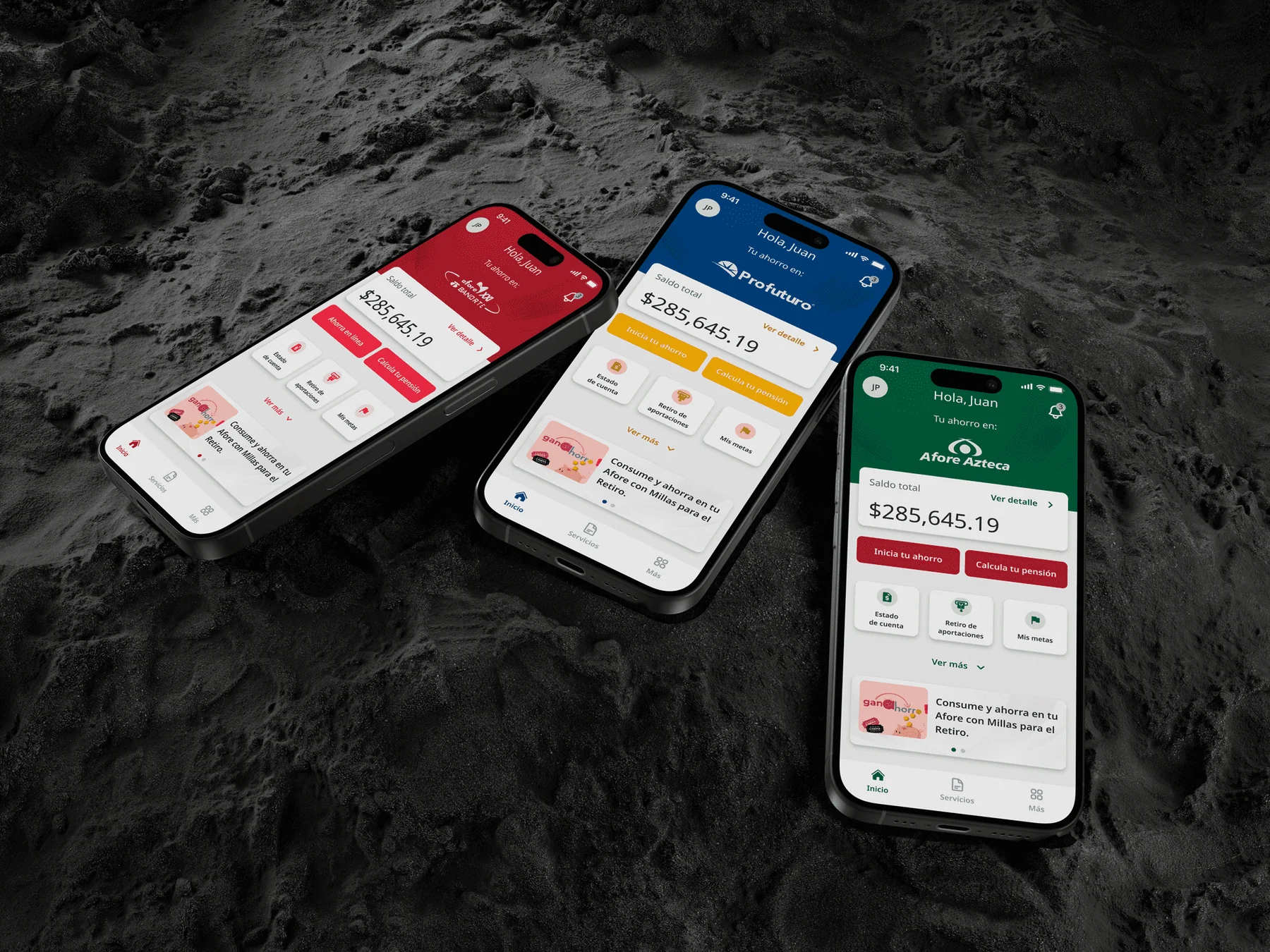 Tres smartphones mostrando la pantalla principal de la app Afore Móvil con diferentes temas de marca — BBVA (rojo), Profuturo (azul) y Afore Azteca (verde) — con un saldo total de $285,645.19 MXN y acceso rápido a ahorro, calculadora de pensión y estado de cuenta.