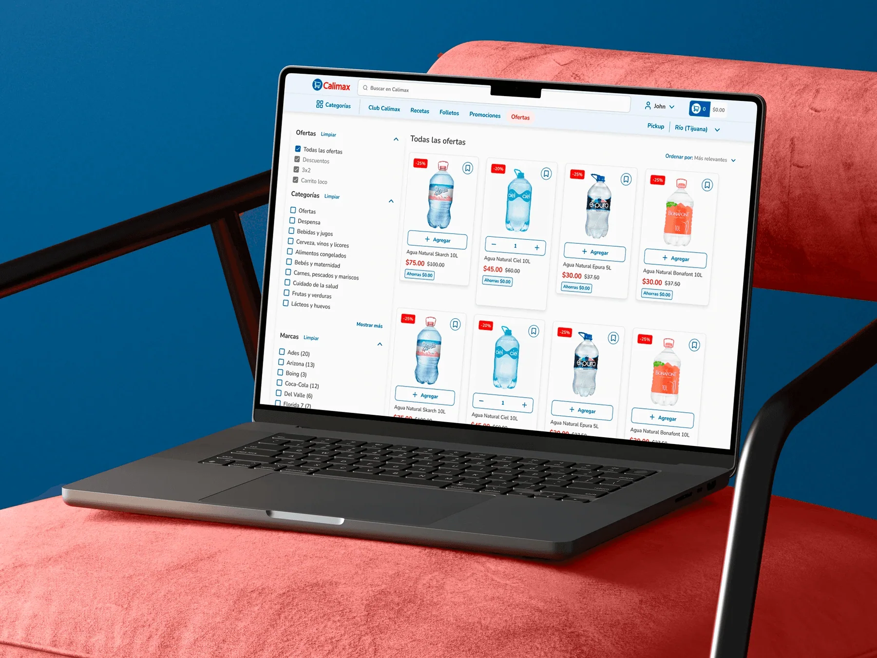 Resultados de búsqueda de productos de Calimax mostrados en una laptop.