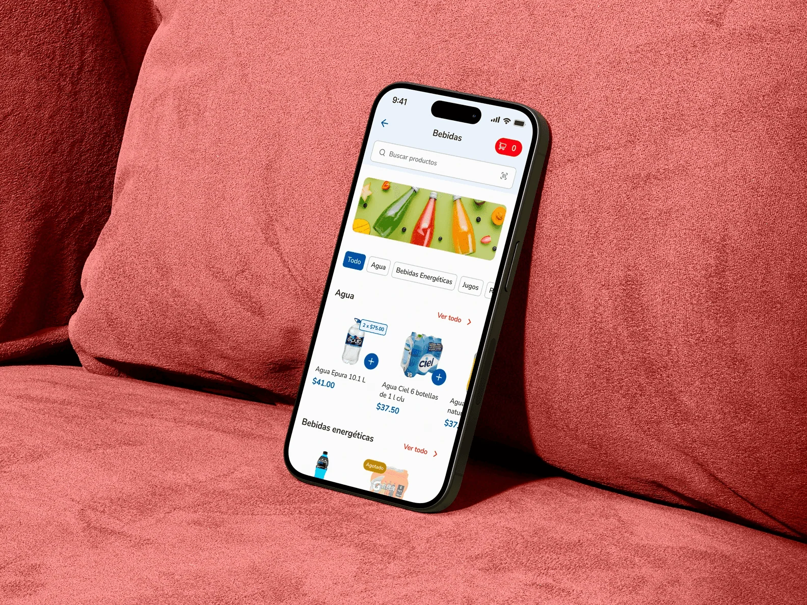 Inicio de la app de Calimax con categorías, promociones y productos destacados.